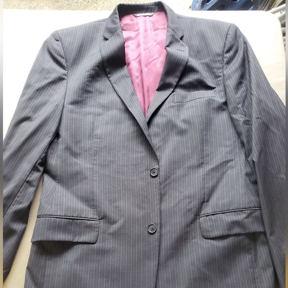 Saks Fifth Avenue Black With Blue Stripes Wool Suit Jacket Nash Model